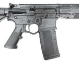 Modern assault rifle with a curved magazine and tactical foregrip, shown from the side.