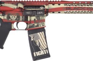 AR-style rifle with American flag motif, black stock, and graphic comic-style magazine laid horizontally