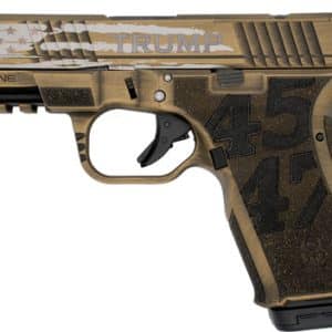 Bronze-colored semi-automatic pistol with patriotic flag engraving and 'TRUMP' on the slide.