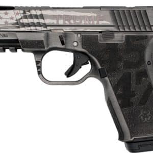 Semi-automatic handgun with a gray slide, black grip, and patriotic star pattern; engraved with 'TRUMP' and '.45' on the slide
