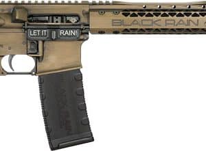 Tan-and-black AR-style rifle with collapsible stock, pistol grip, 30-round magazine, and 'Let It Rain' on the dust cover.
