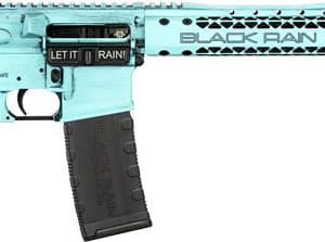 Turquoise and black AR-15 style rifle with adjustable stock, pistol grip, detachable magazine, and 'Black Rain' branding.