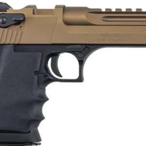 Side view of a tan and black semi-automatic pistol with a textured grip and accessory rail beneath the barrel in a horizontal orientation.