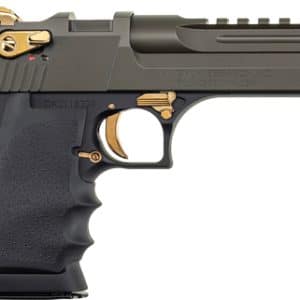 Profile of a modern semi-automatic pistol with a gray slide, black textured grip, and gold accents on the hammer, trigger, and sights.