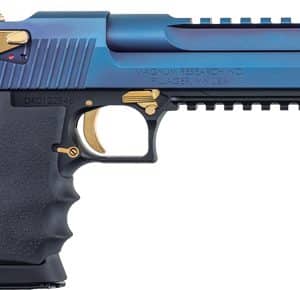 Blue and gold tactical pistol shown in a side view, highlighting the grip and accessory rail along the top, with textured grip details.