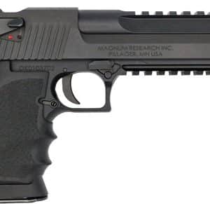 Black semi-automatic pistol with ergonomic grip, trigger guard, and tactical Picatinny rail along the top (side view).