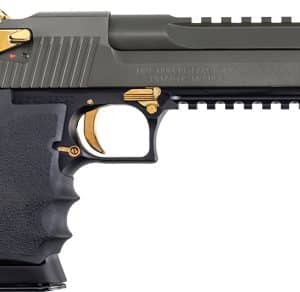 Semi-automatic pistol with black grip, gold accents, and a long top Picatinny rail for accessories.