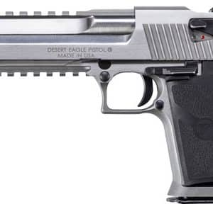 Side view of a silver Desert Eagle pistol with a black textured grip and top rail.