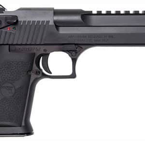 Black semi-automatic pistol with a top rail, textured grip, and red safety indicator on the left side.”