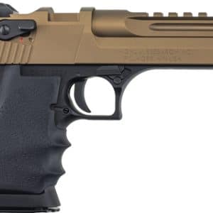 Tan semi-automatic handgun with black grip, top tactical rail, and rear sight (side view).