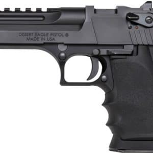 Left-side view of a black Desert Eagle .44 Magnum semi-automatic pistol with a textured grip.