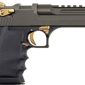 Semi-automatic pistol shown from the right side with a long top Picatinny rail and gold accents on controls.