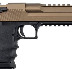 Tan/bronze slide semi-automatic pistol with black grip, shown in profile with accessory rails on top and rail mount.