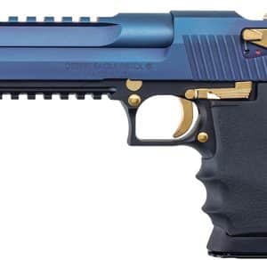 Left-side view of a blue Desert Eagle semi-automatic pistol with gold accents and a black grip.