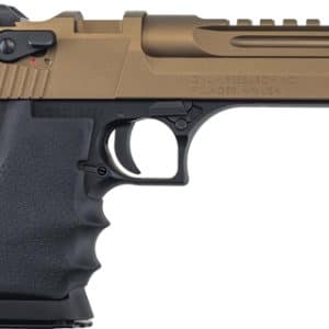 Semi-automatic handgun shown in profile with a tan slide and black grip pieces.