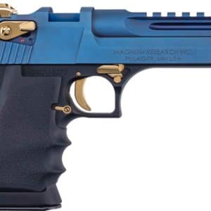 Blue Desert Eagle-style semi-automatic pistol with gold accents and textured grip, side view.