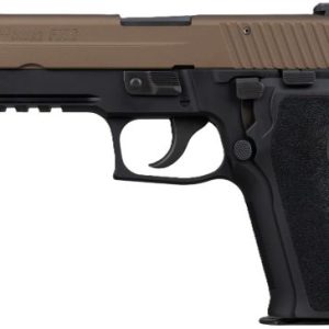 Side view of a two-tone semi-automatic pistol with a tan slide and black grip.