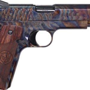 Semi-automatic pistol with blue camouflage finish and wooden grip, shown from the right side with 'Eagle' engraving on the slide.