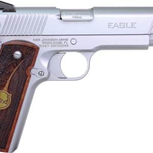 Silver semi-automatic pistol with brown wood grip and 'Eagle' branding, shown in profile on the left side of the slide.