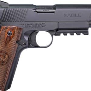 Side view of a black semi-automatic pistol with brown wooden grip panels and visible trigger, hammer, and slide markings.