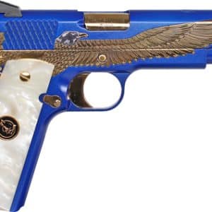 Ornate blue and gold semi-automatic pistol with an eagle engraving and pearl grip.