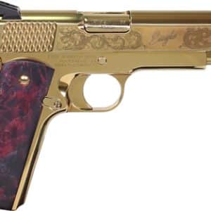 Gold-plated semi-automatic pistol with a dark marbled grip plate (collectible style).