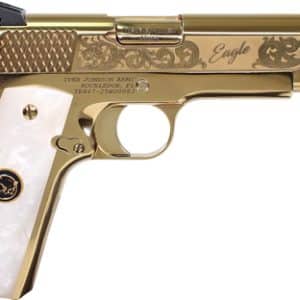 Gold-plated Desert Eagle pistol with decorative engravings and pearl grip panels, shown in profile.