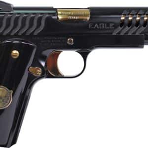 Semi-automatic pistol with a black finish and gold accents, including a gold trigger and emblem on the grip.
