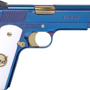 Decorative blue Desert Eagle-style pistol with white grip panels and gold accents, shown in side profile.