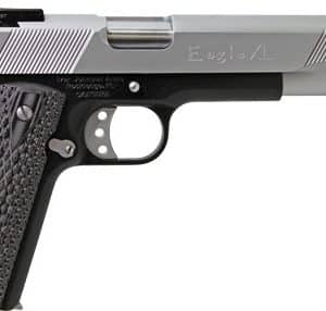 Left-side profile of a silver Desert Eagle semi-automatic pistol with a black textured grip and trigger guard detail