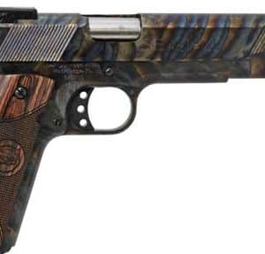 Side view of a camouflaged semi-automatic handgun with wood grip panels.