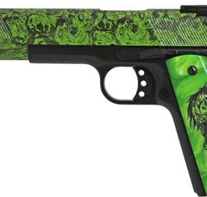 Colorful semi-automatic pistol with bright green and black tiger-pattern grip and matching barrel cover; neon camouflage design on the slide and grip.