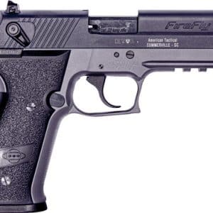 Side view of a black semi-automatic pistol with textured grip and accessory rail.