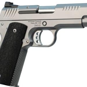 Side view of a silver semi-automatic pistol with a textured black grip shown from the left side.