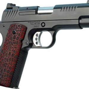 Right-side view of a semi-automatic pistol with black slide and a red honeycomb-pattern grip.