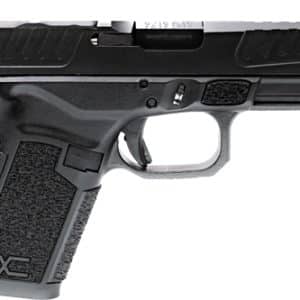 Black semi-automatic pistol in side profile with a textured grip.