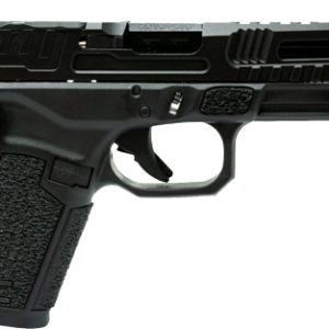Side view of a black tactical semi-automatic pistol with textured grip and accessory rail on a white background.