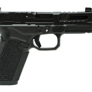 Black semi-automatic pistol with textured grip and tactical slide, shown in side view.
