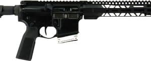 Black semi-automatic AR-style rifle with adjustable stock, pistol grip, and long quad-rail handguard.