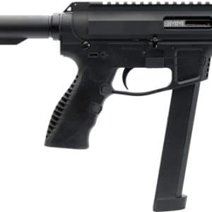 Black 9mm semi-automatic rifle with collapsible stock, pistol grip, tactical handguard, and a downward-curved magazine.