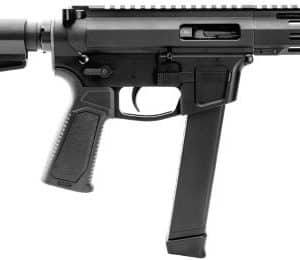 Side view of a black semi-automatic rifle with a collapsible stock, pistol grip, and detachable magazine.