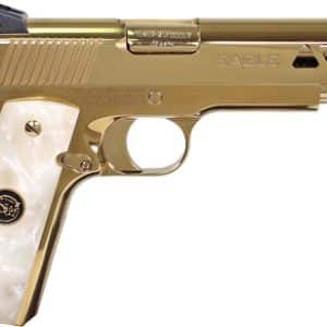 Gold-colored semi-automatic pistol with pearl grip, side view showing engravings and slide details