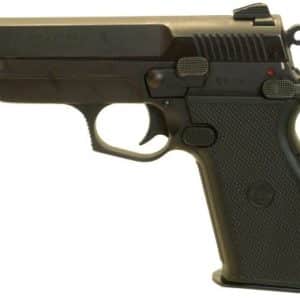 Black semi-automatic handgun shown in a left-side profile view with textured grip and trigger guard