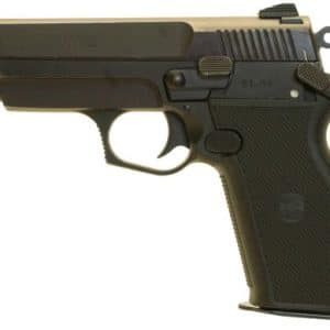 Black semi-automatic pistol shown from the left side with a textured grip.