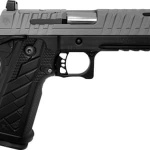Side view of a black-and-gray semi-automatic pistol with a textured grip and silver barrel.