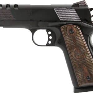 Side view of a black semi-automatic pistol with a brown checkered wood grip.