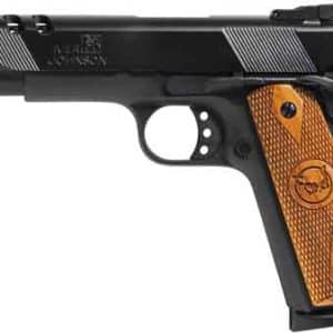 Black semi-automatic pistol with a brown textured grip and serrated slide details on top side (profile view).”,