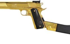 Gold-plated long-barrel target pistol with black grip and attached stock.