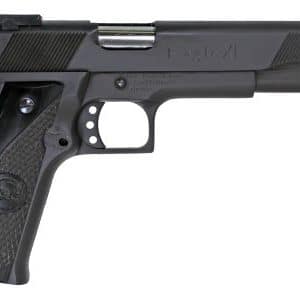 Side view of a black semi-automatic pistol with a textured grip on a white background, shown from the left side.
