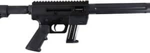 Black tactical rifle shown in side profile with adjustable stock and foregrip